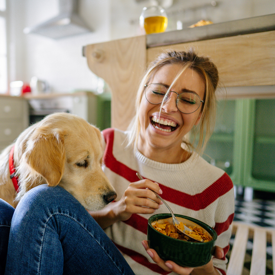 Dog begging for owner's food while woman laughs