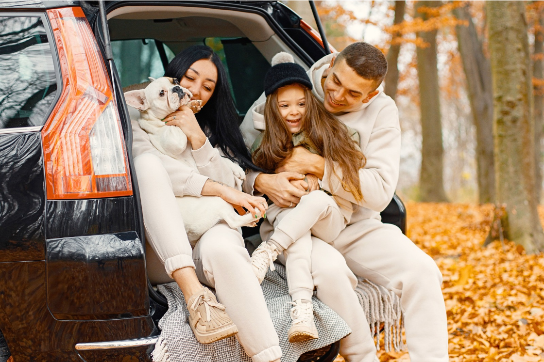 woman and her dog in a car